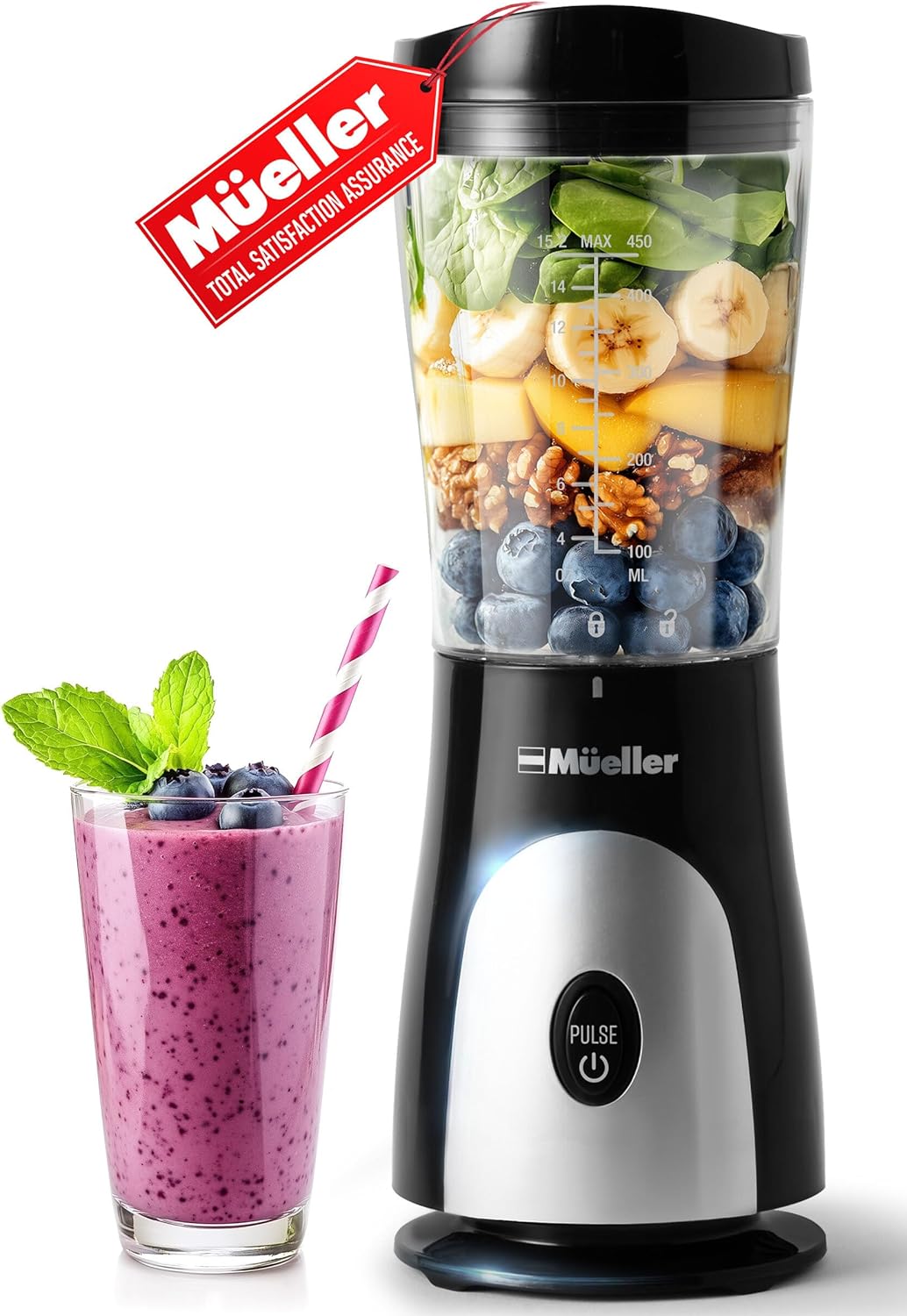 Mueller Smoothie Blender - Personal Blender for Shakes & Frozen Drinks | 15oz Travel Cup, Durable Stainless Steel Blades, Black