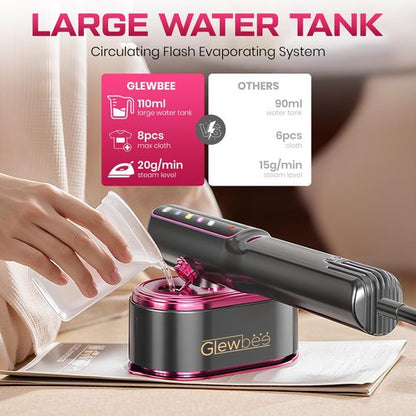 Glewbee Travel Steamer for Clothes, 1200W Portable Steamer & Iron 2 in 1, Handheld Garment Steamer with 10s Fast Heatup, 5 Modes LED Touch Display, Large Ceramic Panel & 110ml Tank for Home and Travel