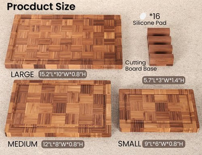 Bamboo Cutting Boards Set - End Grain Butcher Block with Juice Groove | 3-Piece Kitchen Set