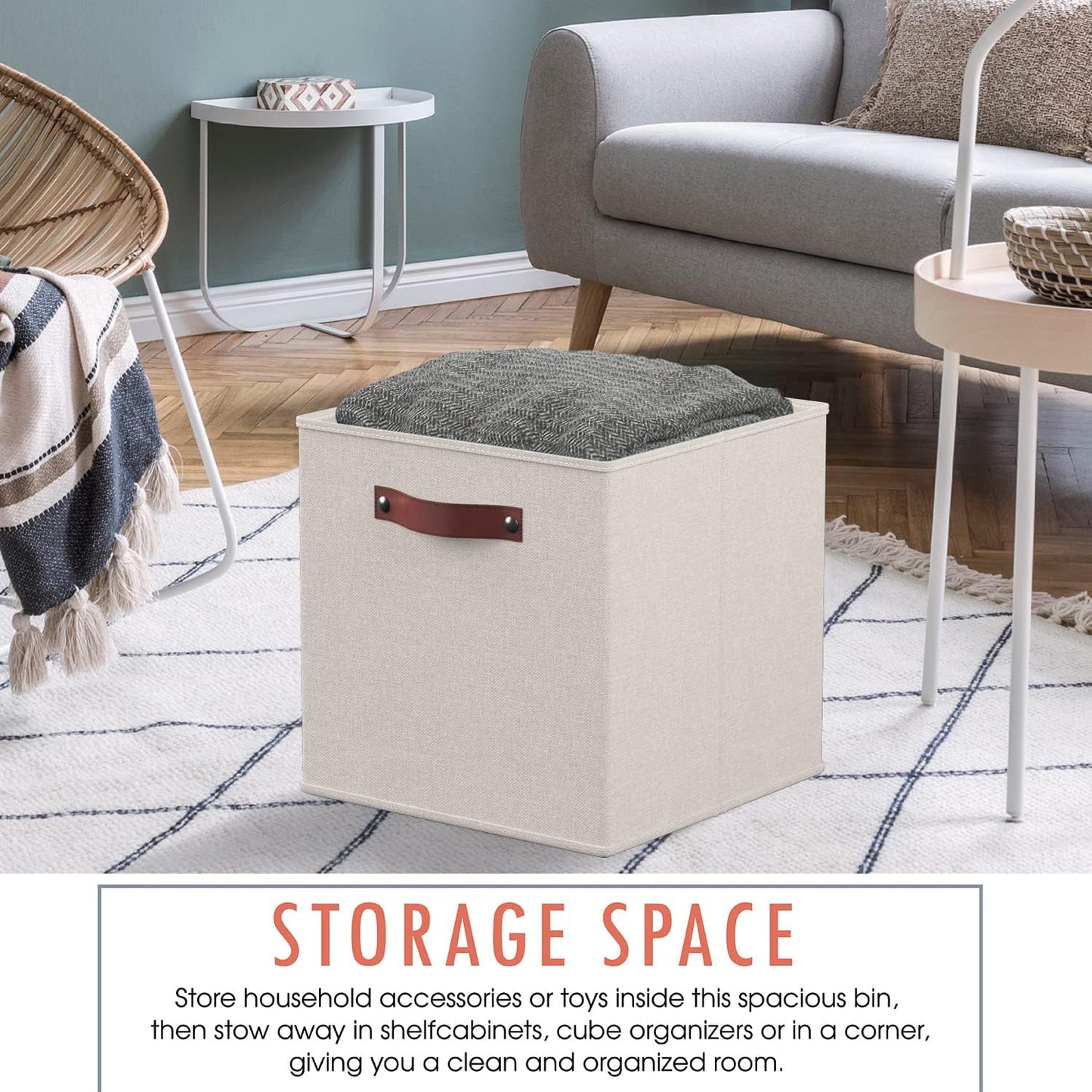 Ornavo Home Storage Cube Bins - Foldable Fabric Organizer with Leather Handles | 11x11, Beige, 6 Pack