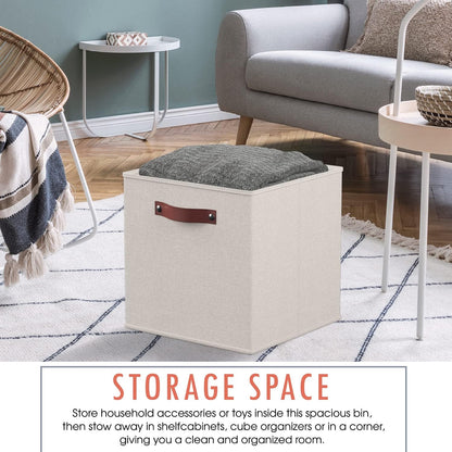 Ornavo Home Storage Cube Bins - Foldable Fabric Organizer with Leather Handles | 11x11, Beige, 6 Pack