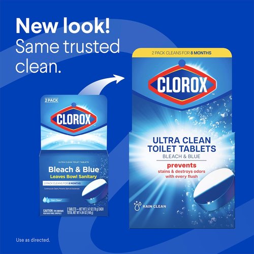 Clorox Ultra Clean Toilet Tablets - Bleach & Blue Rain Clean Scent | 2.47 Ounces Each, 2 Count