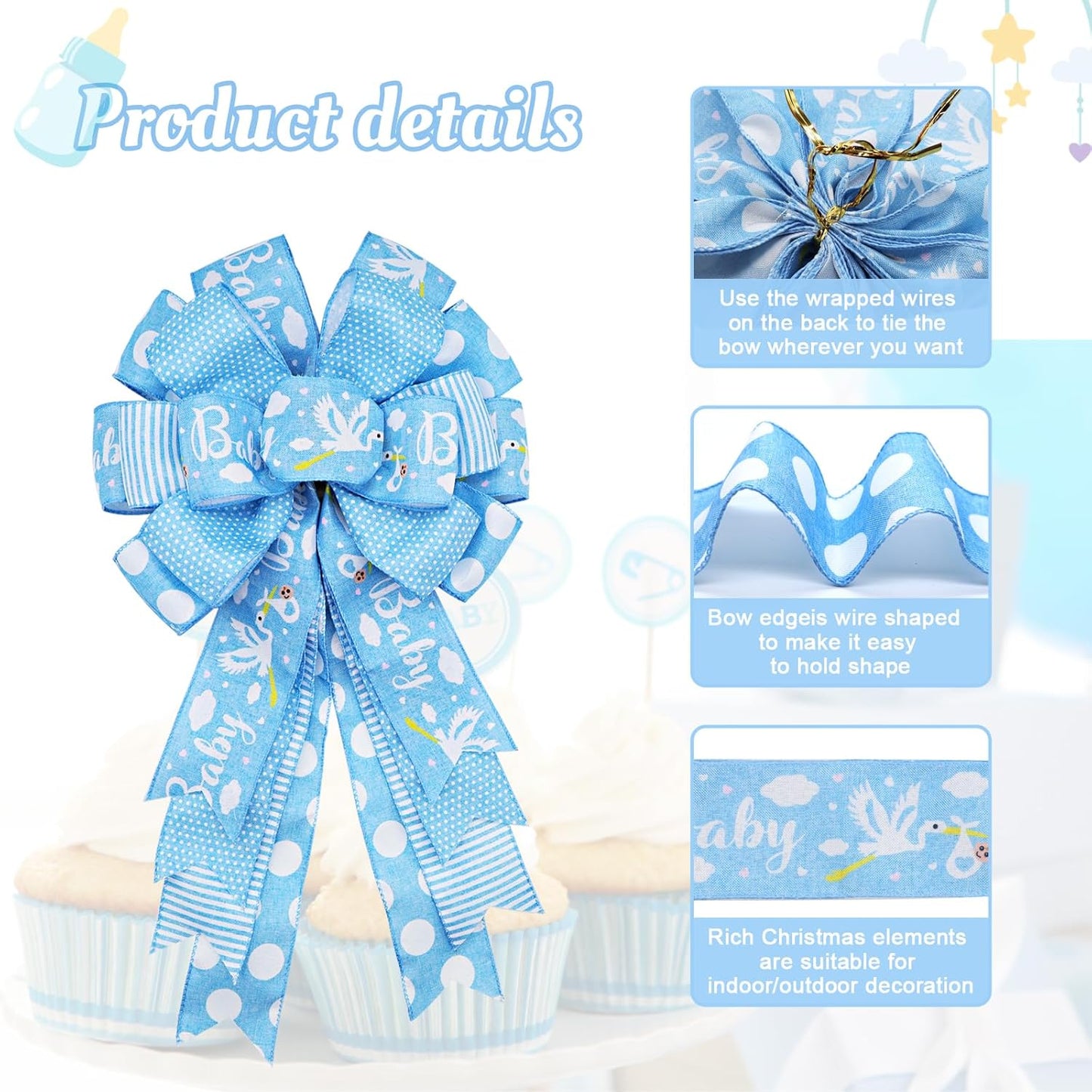 Montekin Large Baby Shower Bows - 20x11 Inch Wired Burlap Wreath Bow for Boys & Girls | Spring Decoration (Blue)