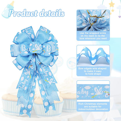 Montekin Large Baby Shower Bows - 20x11 Inch Wired Burlap Wreath Bow for Boys & Girls | Spring Decoration (Blue)