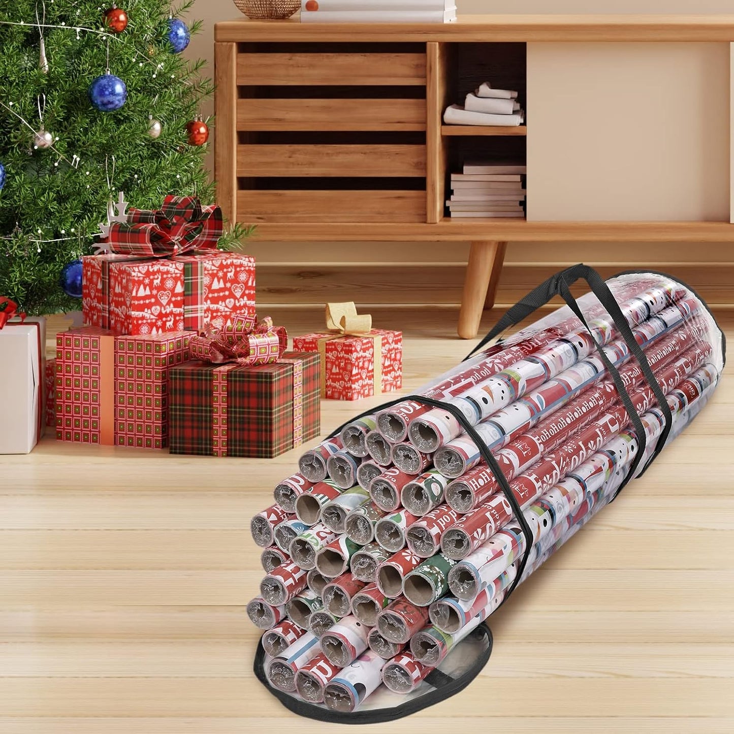 Primode Wrapping Paper Storage Bag - Heavy Duty Organizer for 24 Rolls | Fits 40-Inch Long Rolls, Clear PVC