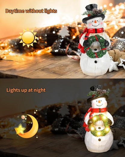 iStatue Light-Up Snowman Figurine - Charming 9.25'' Resin Snowman with Wreath & LED Lights for Winter Decor