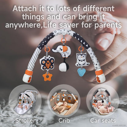 TUMAMA Baby Car Seat Toys - Sensory Hanging Rattle Arch with Butterfly, Elephant & Owls | Musical Toy for Infants 0-12 Months