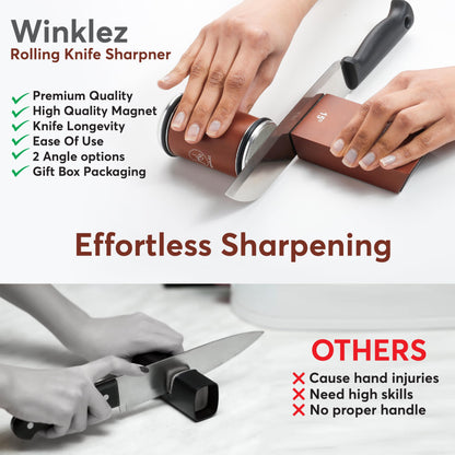 Winklez Rolling Knife Sharpener with Diamond and Ceramic Discs, Kitchen Knife Sharpener with 15° & 20° Magnetic Angles, Strong Knife Sharpening Kit (Brown)