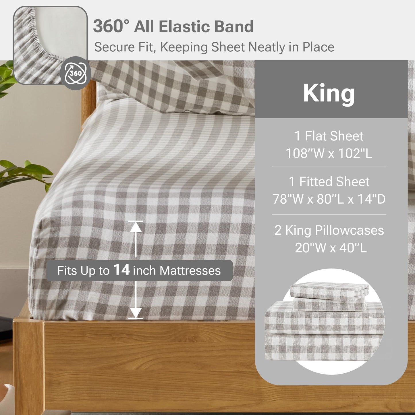 Sleep Philosophy True North 100% Cotton Flannel Sheets King Size, Cozy Flannel Sheet Set Brushed for Extra Softness, Heavyweight Novelty Print Warm Flannel Bedding Set, Gray Herringbone Check4 Piece