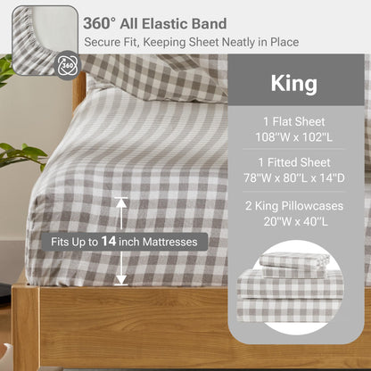 Sleep Philosophy True North 100% Cotton Flannel Sheets King Size, Cozy Flannel Sheet Set Brushed for Extra Softness, Heavyweight Novelty Print Warm Flannel Bedding Set, Gray Herringbone Check4 Piece
