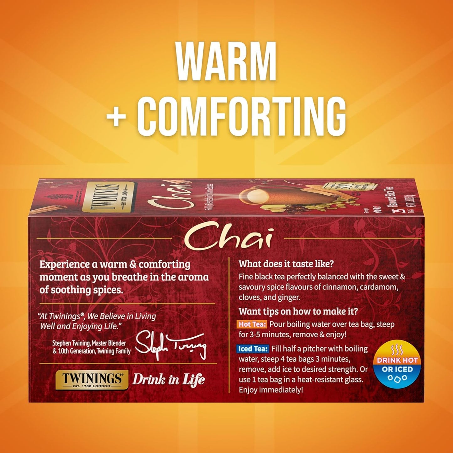 Twinings Chai Black Tea - Individually Wrapped Bags, 25 Count (Pack of 6) | Sweet & Savory Spices, Caffeinated