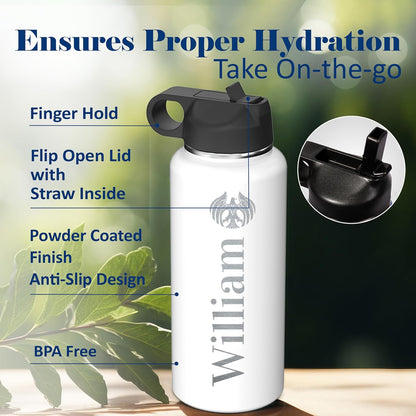Skiennix Insulated Stainless Steel Water Bottle - Personalized Name & Icon | 32 oz Flip Top Lid & Straw