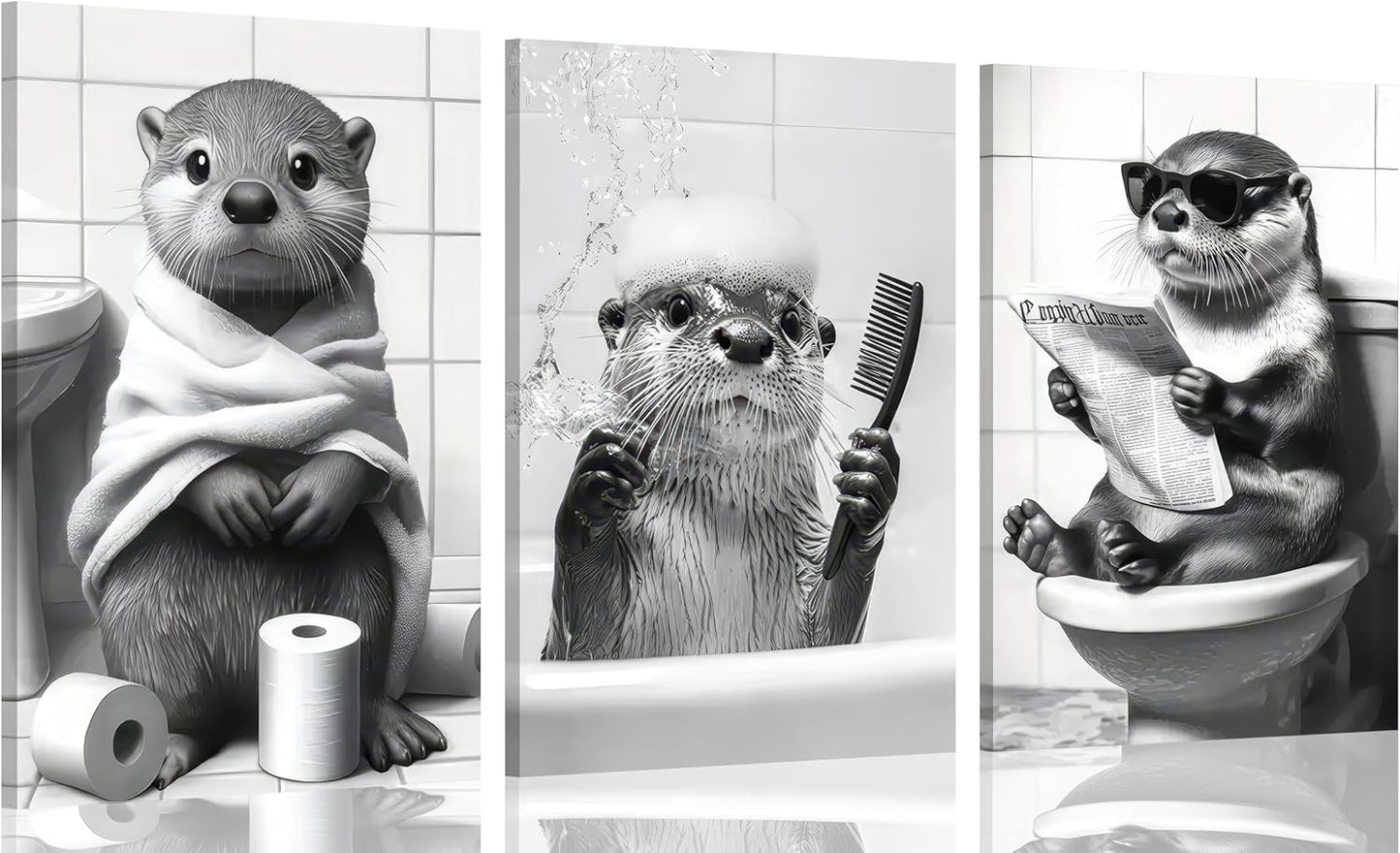 Skiennix Cute Otter Canvas Wall Art - Funny Black and White Animal Print for Bathroom Decor | 3-Piece Set