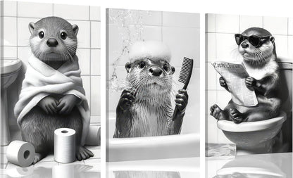 Skiennix Cute Otter Canvas Wall Art - Funny Black and White Animal Print for Bathroom Decor | 3-Piece Set