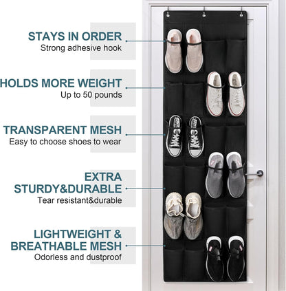 Skiennix Over The Door Shoe Organizer - 24 Large Pockets for Enhanced Closet Storage
