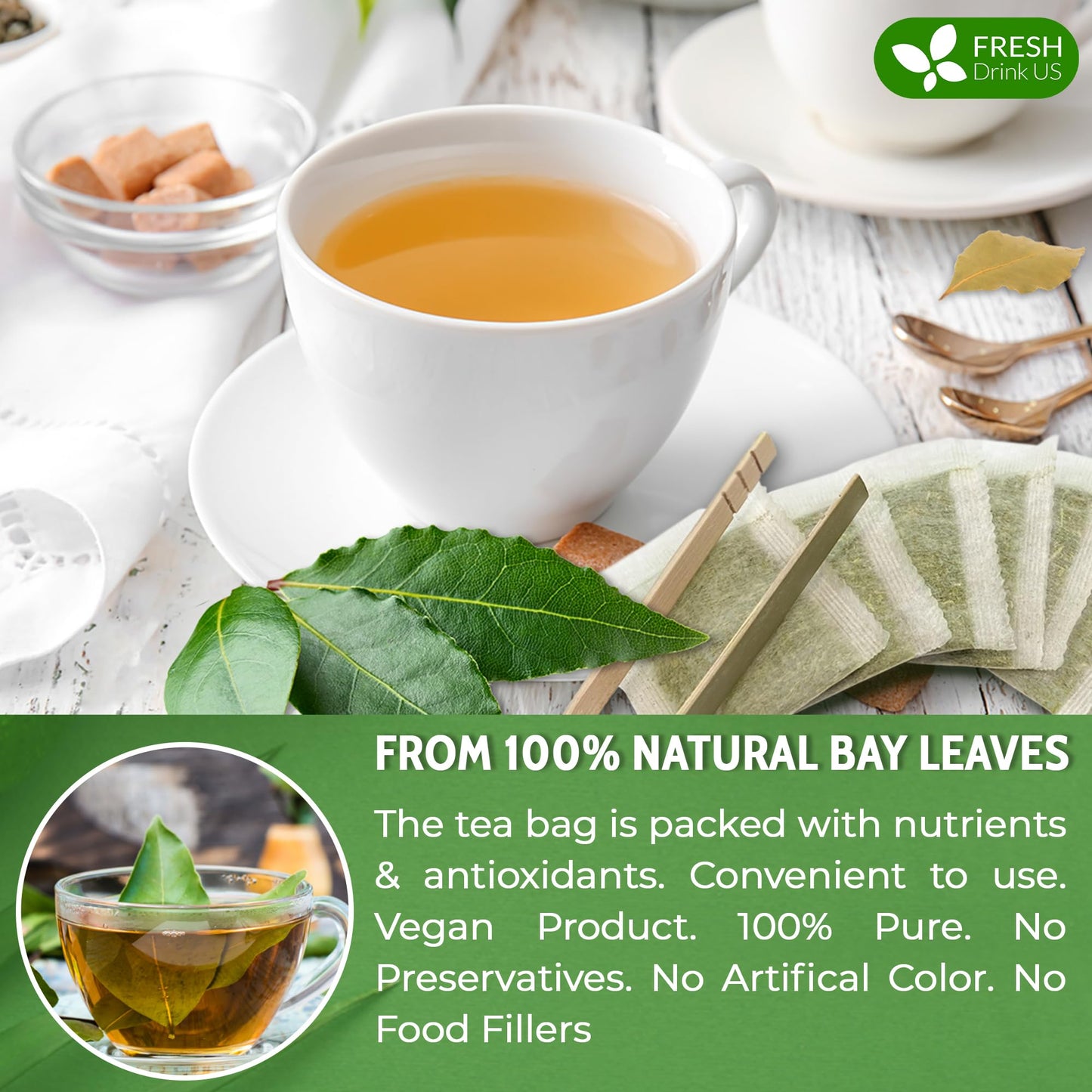 FreshDrinkUS, Premium 105 Bay Leaf Tea Bags, 100% Natural & Pure from Bay Leaves. Loose Leaf Bay Herbal Tea. Made with Natural Material Tea Bags, No Sugar, No Caffeine, No Gluten, Vegan.