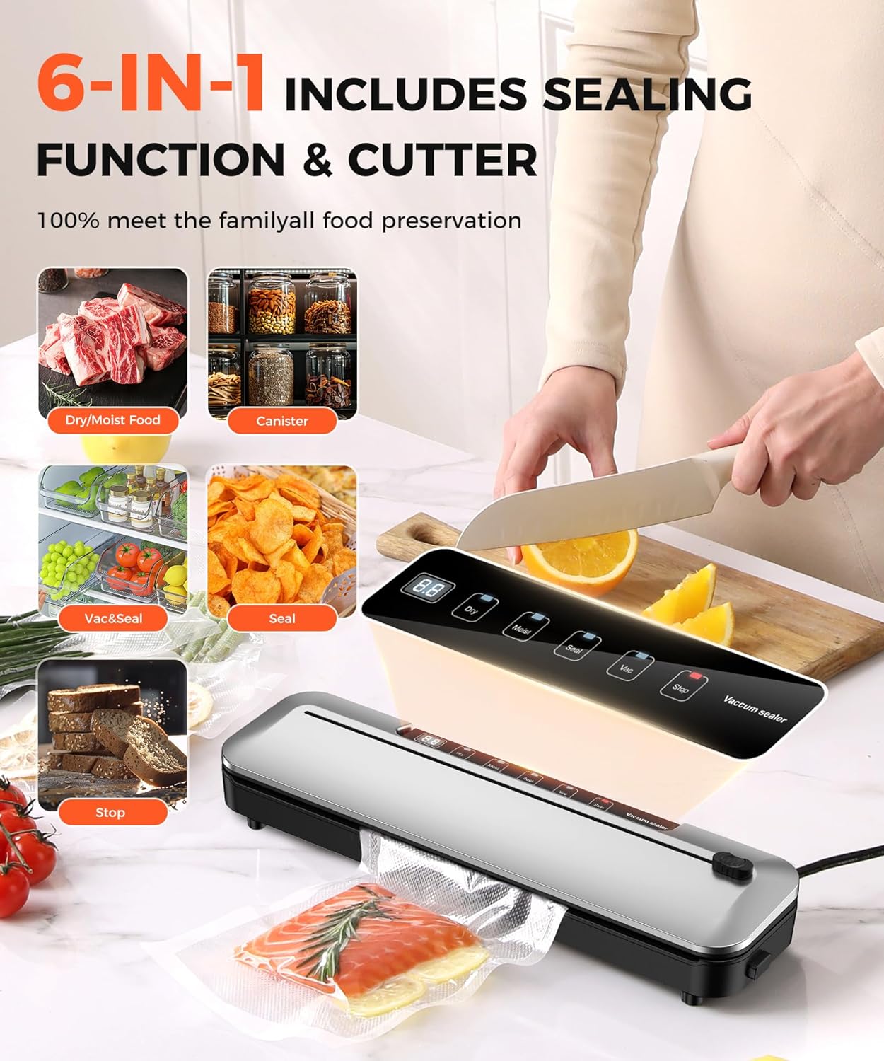 Vacuum Sealer Machine - 6-in-1 Dry/Moist Modes & Digital Timer | Compact Design with 10 Bags (Black Silver)