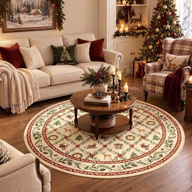 6ft Round Christmas Rug with Santa - Washable, Non-Slip Red Holiday Accent (Xmas Red+Round+6')