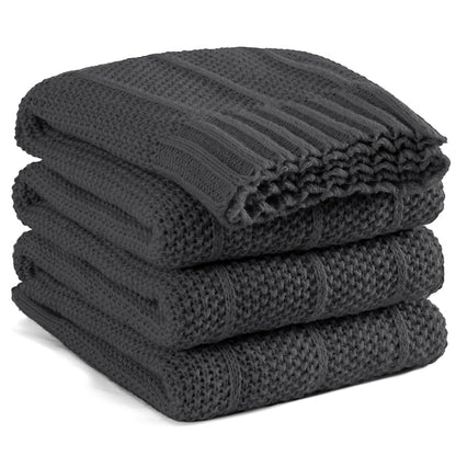 Carriediosa Dark Grey Knit Throw Blanket 60 x 80 with Cable Knit & Stripe Design