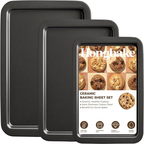 HONGBAKE Ceramic Baking Sheet Pan Set - Premium Cookie Sheets with Wider Grips | 3 Pack in Dark Grey
