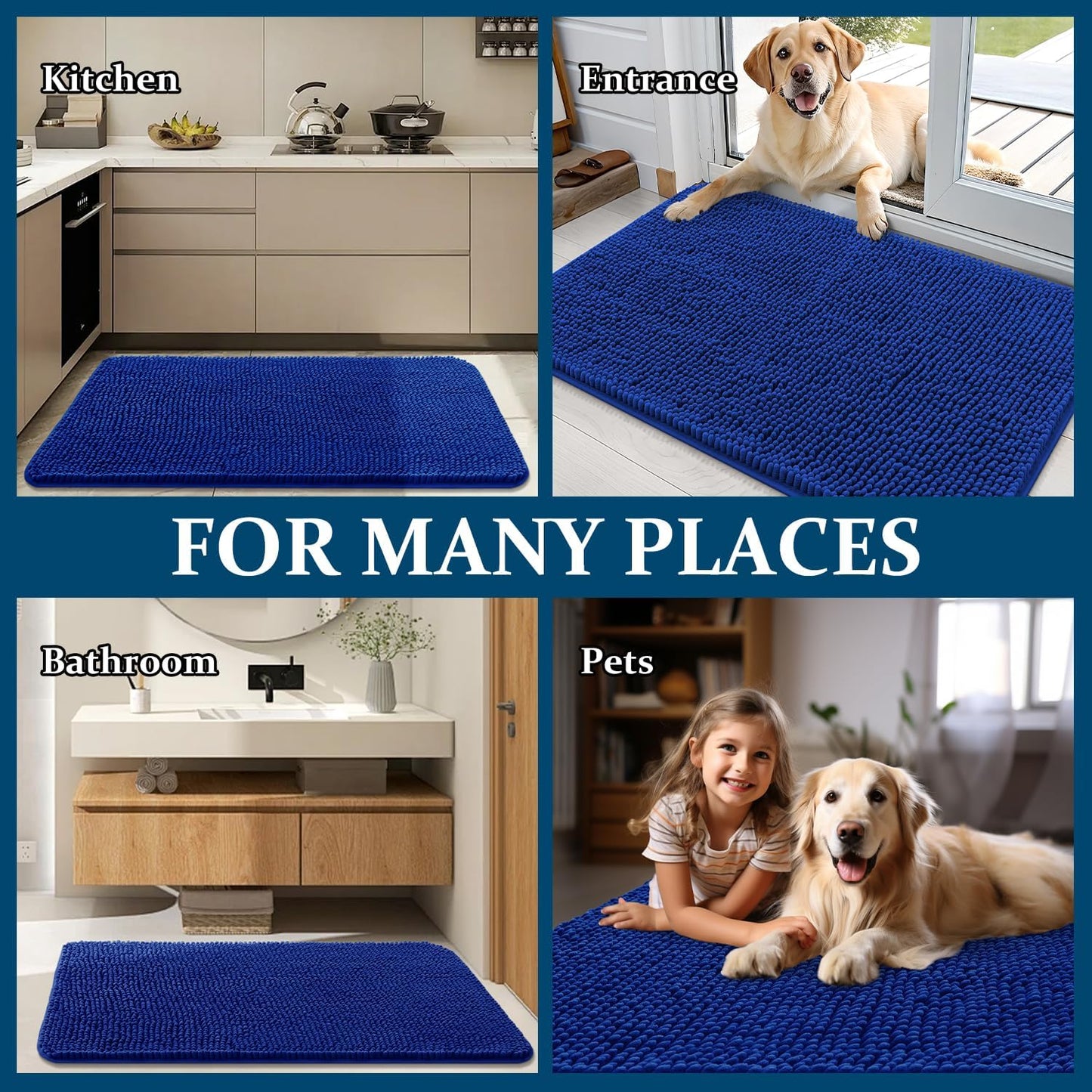 OLANLY Dog Door Mat - Absorbent Non-Slip Mud Mat for Dogs | Quick Dry Chenille, 70x32, Royal Blue