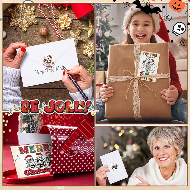 Skeleton Christmas Cards Bulk Set 24 with Envelopes — 12 Designs, 4x6 inches, Blank Inside (Variation: 24+Vintage Christmas Skeleton)