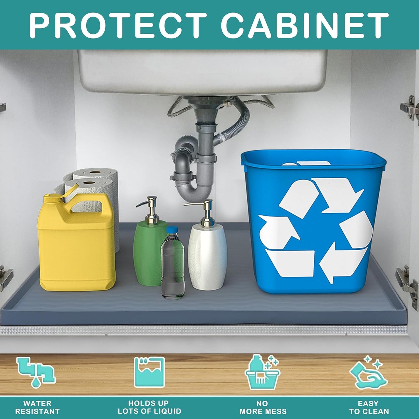 URMONA Waterproof Silicone Under Sink Mat - 31'' x 22'' Kitchen & Bathroom Protector | Dark Grey