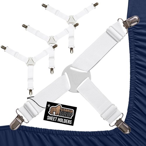GORILLA GRIP Bed Sheet Holders - Adjustable Elastic Fasteners with Metal Clips | 4 Pack White