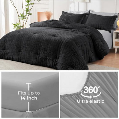 HYMOKEGE Black/Light Grey Twin XL Comforter Set Seersucker 5 Pieces, All Season Luxury Bed in a Bag for Bedroom, Bedding Set with Comforter, Sheets, Pillowcase & Sham