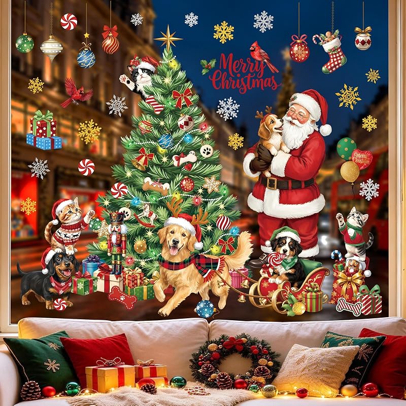 Christmas Window Clings for Pets – Santa Dogs & Cats, Non-Adhesive Double-Sided, 2 Sheets