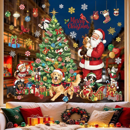 Christmas Window Clings for Pets – Santa Dogs & Cats, Non-Adhesive Double-Sided, 2 Sheets