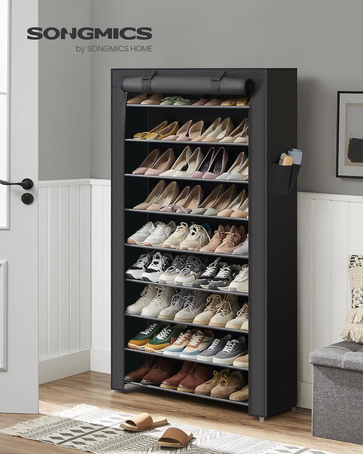 SONGMICS 10-Tier Shoe Rack - Dustproof Shoe Storage Cabinet for 40-50 Pairs | Free-Standing Organizer in Black