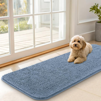 OLANLY Dog Door Mat - Absorbent Non-Slip Chenille for Muddy Paws | Quick Dry 47x17, Airy Blue