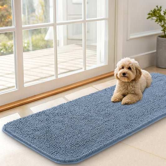 OLANLY Dog Door Mat - Absorbent Non-Slip Chenille for Muddy Paws | Quick Dry 47x17, Airy Blue