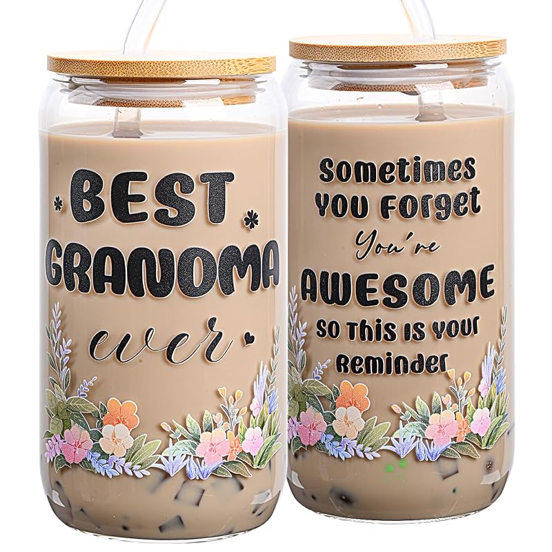 Can Glass Coffee Mug with Lid & Straw 16 Oz Gift for Grandma Variation: flower awesome grandma