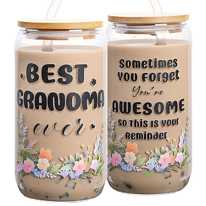 Can Glass Coffee Mug with Lid & Straw 16 Oz Gift for Grandma Variation: flower awesome grandma
