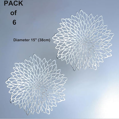6 Pack Silver Placemats - 15" Round Glitter Vinyl Table Mats for Winter Holidays