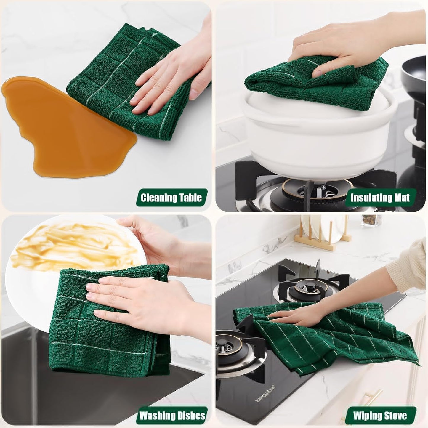 Homaxy Microfiber Kitchen Towels - 12 Pack Soft & Absorbent Dishcloths | Quick Drying Rags in Dark Green, 28 x 16 & 12 x 12 Inch