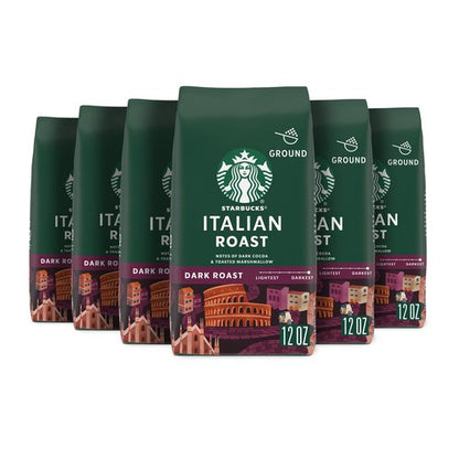Starbucks Ground Coffee, Dark Roast Hot or Iced Coffee, Italian Roast, Six 12 oz Bags