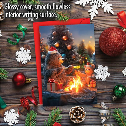 NobleWorks Camping Bears Christmas Card - Red Env, Campfire Merry C8726AXSG - Variation of THIS listing