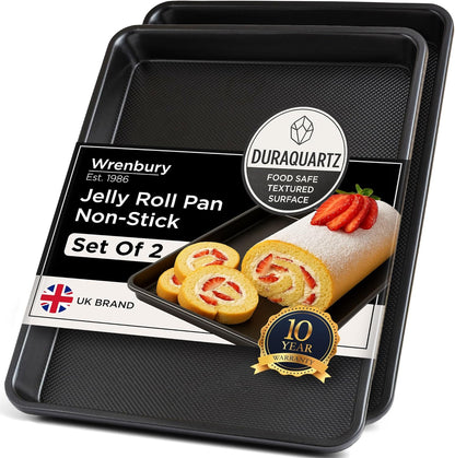 Wrenbury Jelly Roll Pan Set of 2 - Non-Stick DuraQuartz Baking Sheets, 15x10 Carbon Steel