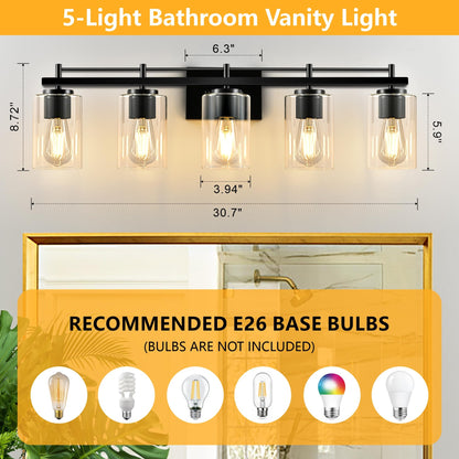 5-Light Modern Bathroom Light Fixtures: Black Vanity Light with Clear Glass Shade, Bath Vintage Wall Mounted Lamps for Mirror