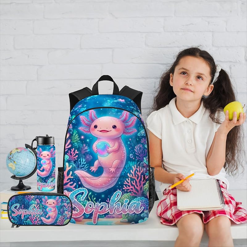 Personalized Axolotl Kids Backpack - Custom Name School Bag for Girls & Boys (Axolotl-04)