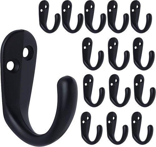 IBosins Wall Mounted Coat Hooks - 15PCS Single Prong Robe Hooks for Towels, Bags & Hats - Black