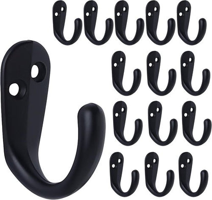 IBosins Wall Mounted Coat Hooks - 15PCS Single Prong Robe Hooks for Towels, Bags & Hats - Black