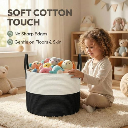 JMvicyroam 65L Extra Large Blanket Basket - Woven Cotton Rope Laundry Hamper with Handles | Machine Washable, White & Black