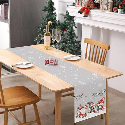 Grey Christmas Gnome Table Runner 13x72 in with Snowflakes, Birds & Branches – Bonhause