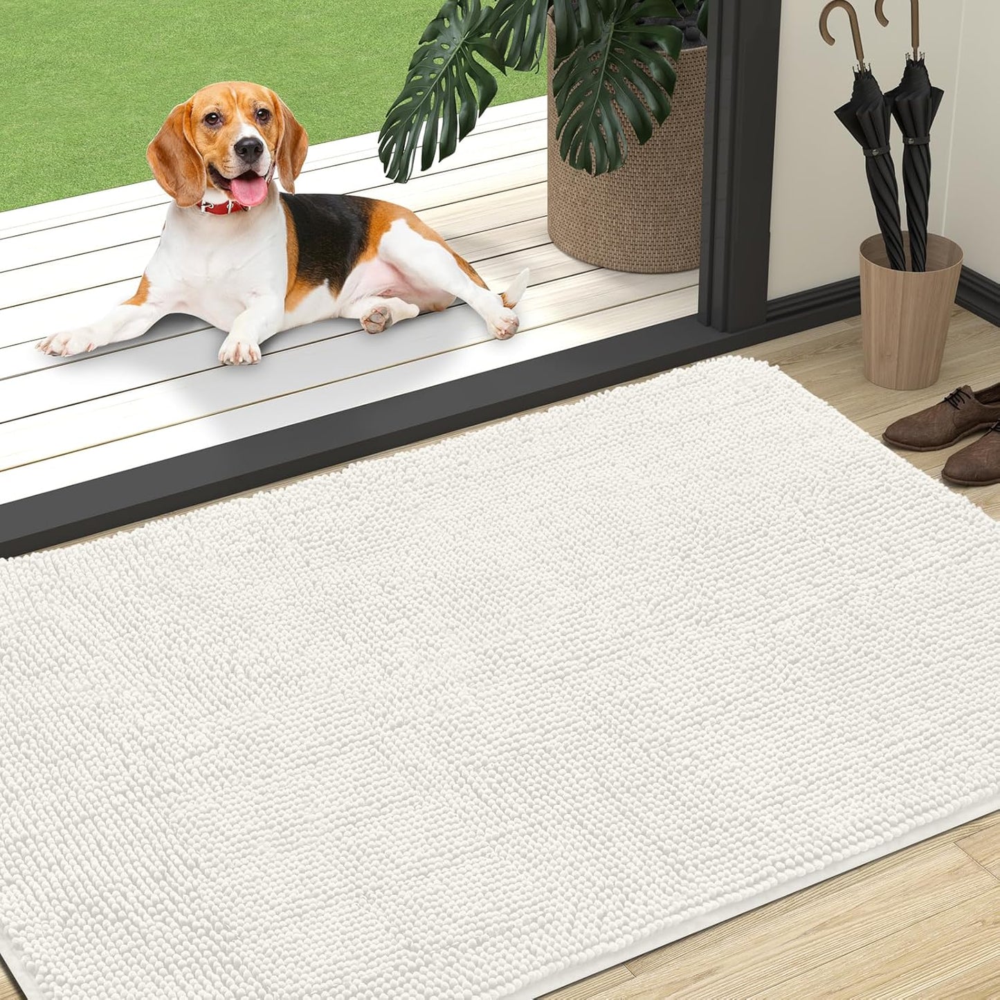 OLANLY Dog Door Mat - Absorbent Non-Slip Mud Mat for Indoor Use | 47x32, Quick Dry Chenille, Ivory
