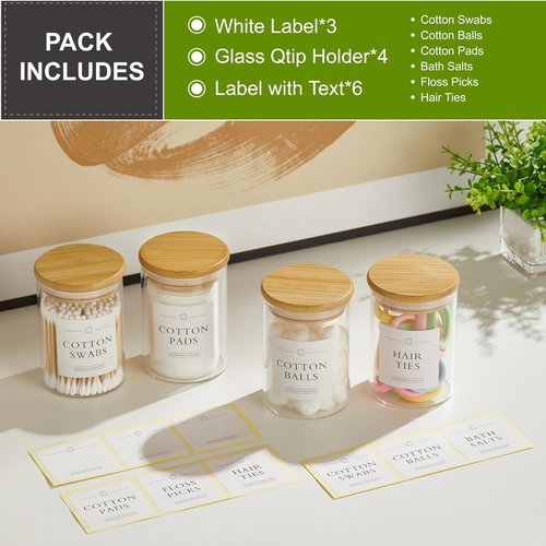 INIUNIK Qtip Holder Dispenser - 4 Pack Glass Apothecary Jars with Lids | Bamboo Bathroom Organizers