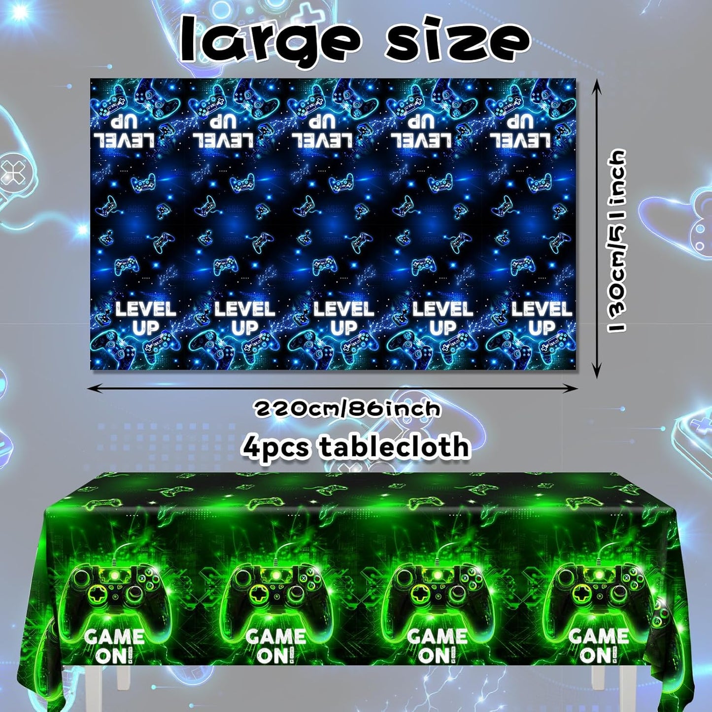 Skiennix Video Game Tablecloths - Neon Gaming Design for Boys & Girls | 4-Pack Rectangle Party Decor
